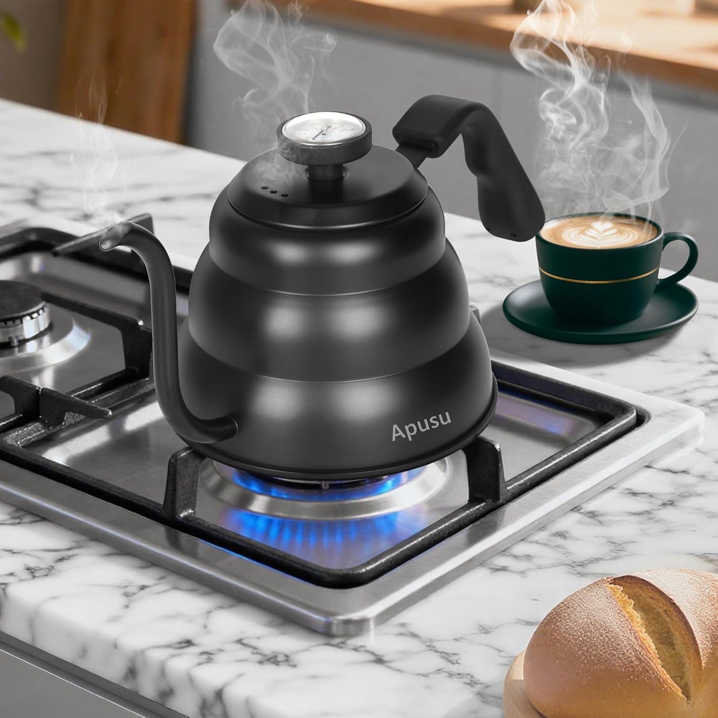 Pour Over Kettle for Manual Drip Coffee and Tea with Thermometer 28oz Gooseneck Kettle with Flow Control Stainless Steel Water Kettle for Stovetop,800ml,4 Cup,Black,1Pack