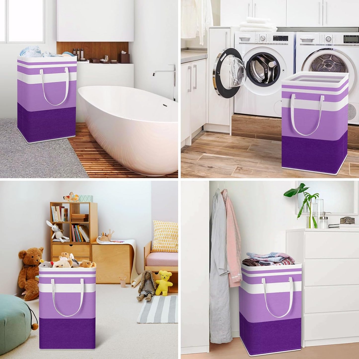 HomeHacks 2 Pack Large Laundry Baskets, Waterproof, Freestanding Laundry Hampers, Collapsible Clothes Hamper with Reinforced Handles in Laundry, College Dorm, Bathroom, Bedroom (Purple, 88Lx2)