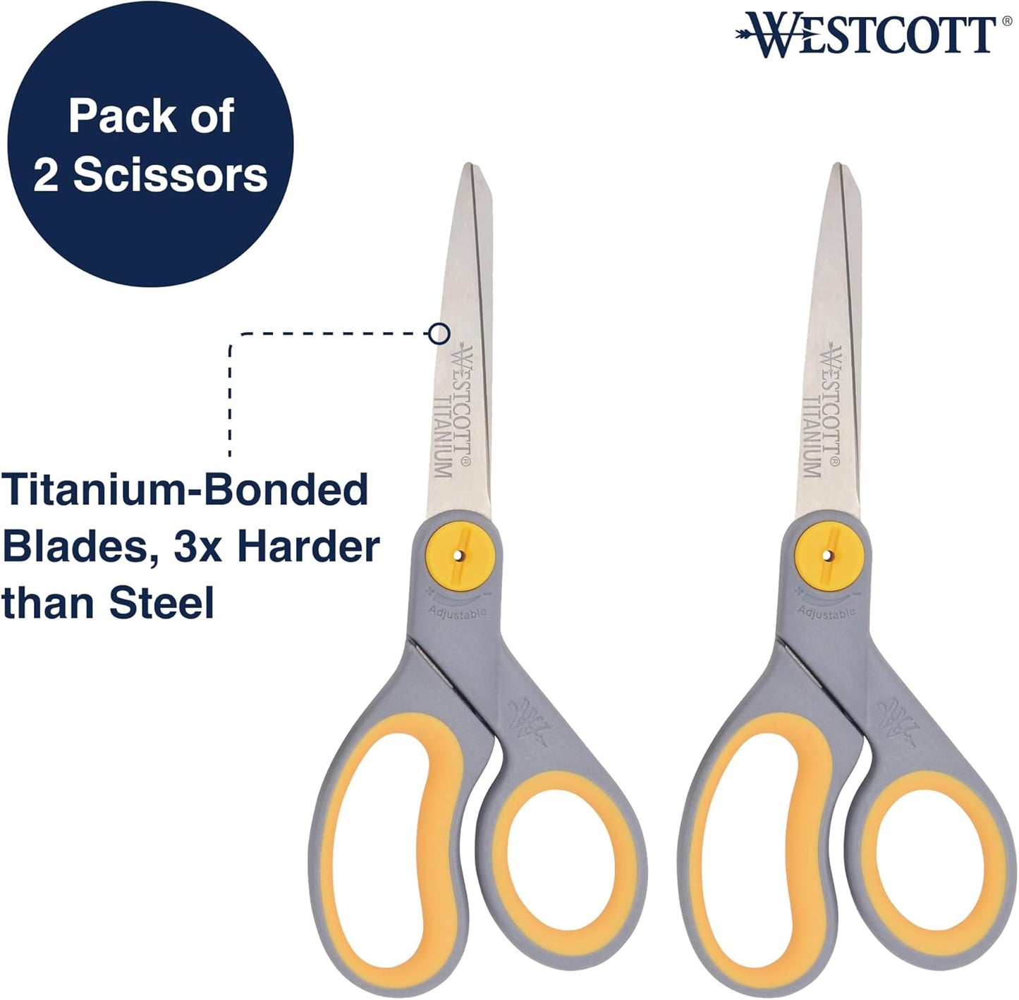 Westcott 8-Inch Titanium-Bonded Scissors with Adjustable Glide Feature for Office and Home - Gray/Yellow, 2-Pack