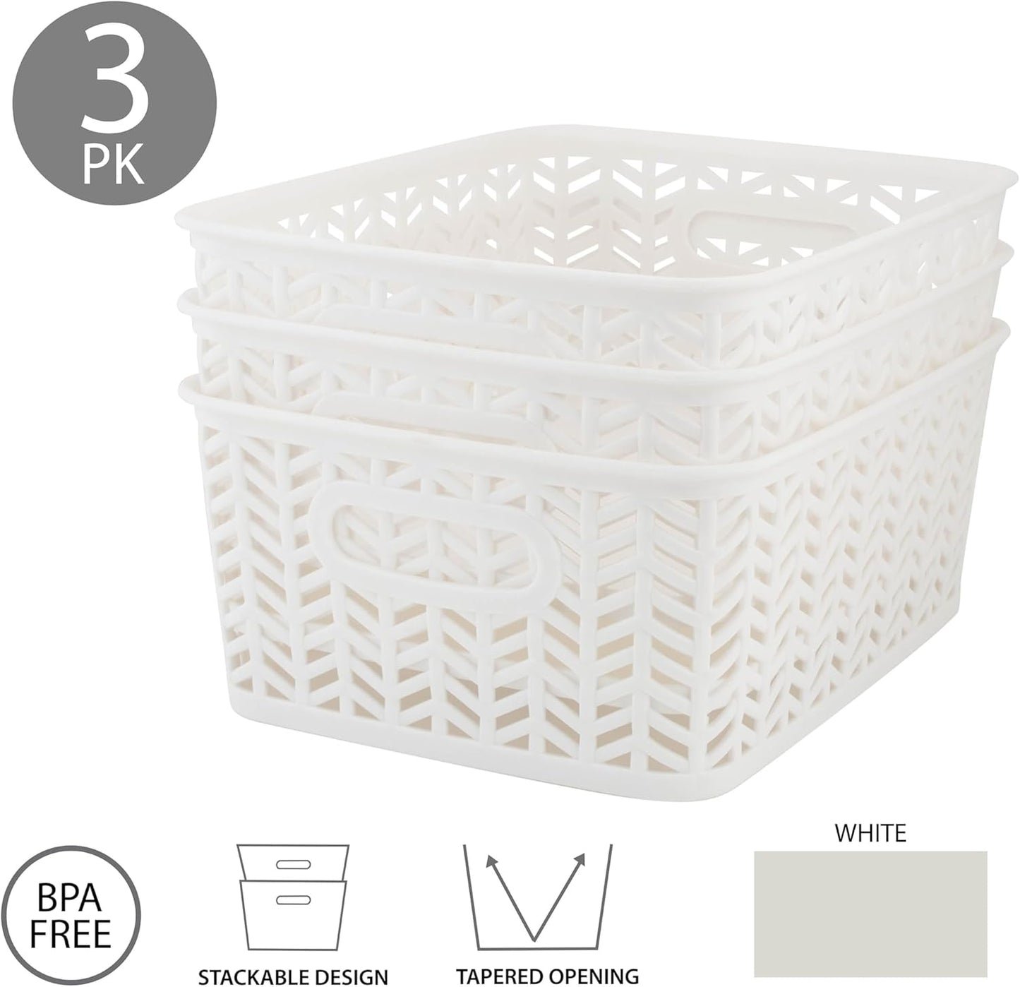 Simplify 3 Pack Small Herringbone Storage Basket | Dimensions: 10"x8"x4" | Light Weight | Two Open Handles | White | Organization | Many Uses | Kitchen Storage | Bathroom Storage |