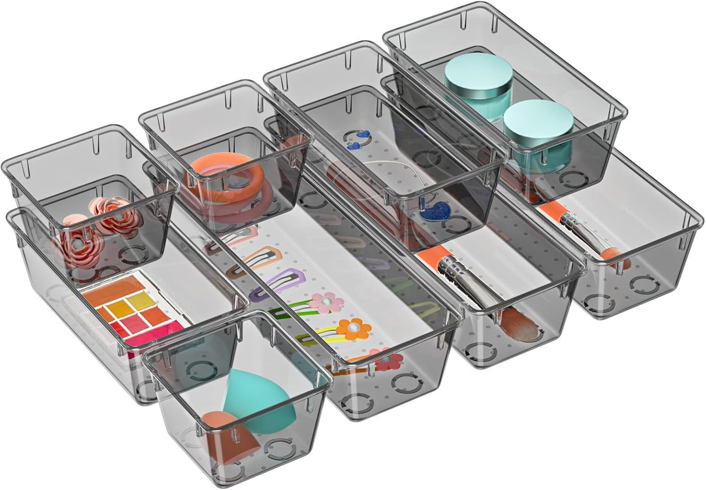 WOWBOX 9 Pack Clear Drawer Organizer Set, Acrylic Drawer Storage Trays, Storage Bins for Makeup, Cosmetics, Jewelries, Utensils, Gadgets, Office, Black