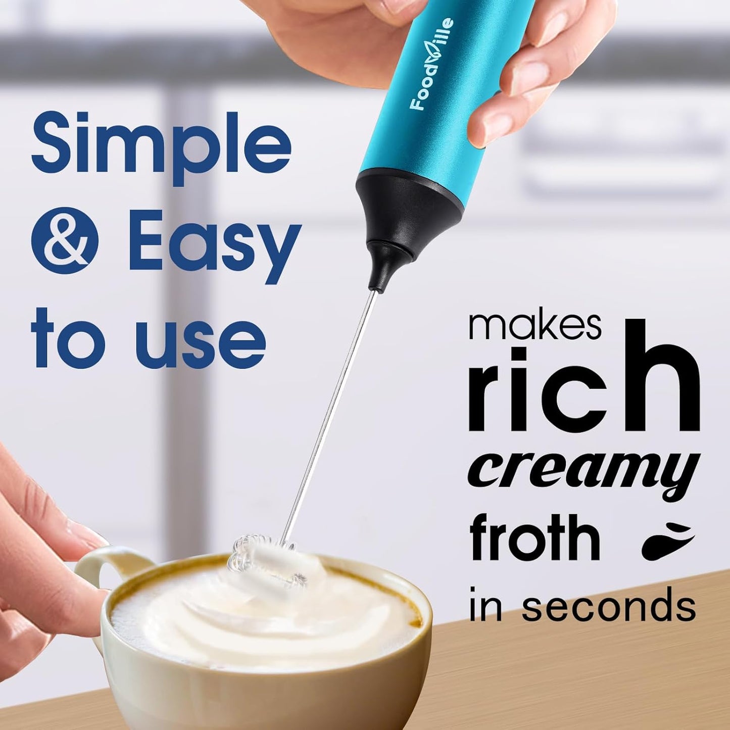 MF05 Rechargeable Milk Frother USB Charging Handheld Foam Maker with Stainless Balloon Whisk for Cappuccino, Latte, Bulletproof Coffee, Keto Diet, Protein Powder, Matcha (Azure Blue)