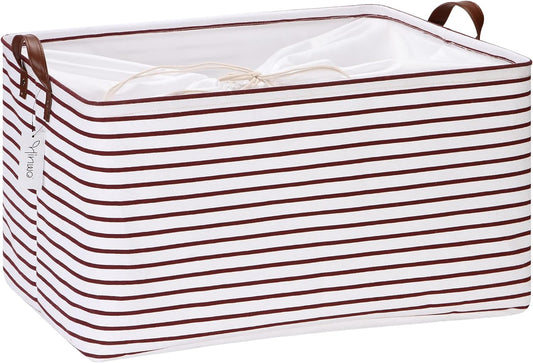 Hinwo 70L Extra Large Storage Bins, Closet Organizers and Storage, Foldable Clothes Storage Baskets with Handles, Containers for Clothing, Blanket, Comforters, Toys, Bedding (Burgundy Stripe)