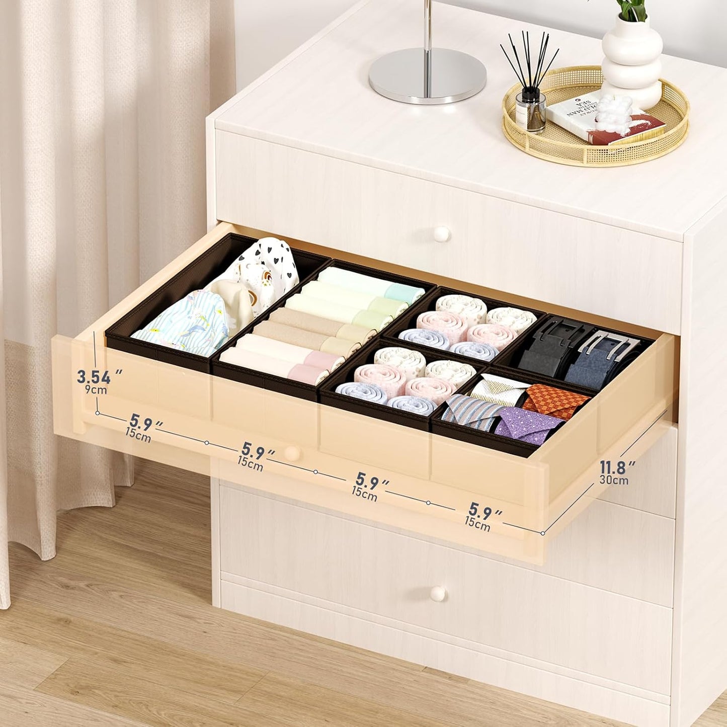 DIMJ Drawer Organizers Clothes, Set of 16 Dresser Organizer Bins, Fabric Closet Organizers and Storage, Shallow Drawer Dividers for Nursery, Clothing, Baby Clothes, Socks, Underwears, Tie (Black)