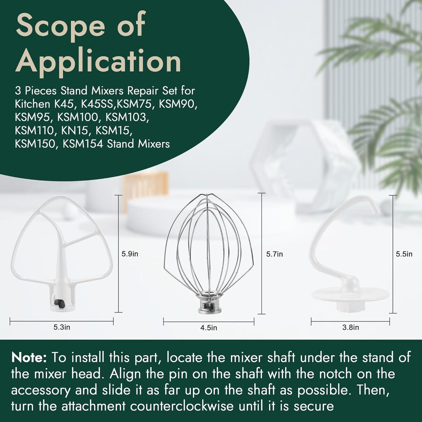 3 Pieces Stand Mixers Repair Set for Kitchen Tilt-Head Stand Mixers K45DH Dough Hook K45B Coated Flat Blade Paddle K45WW Wire Whip Compatible with kitchen aid Mixers Accessories by AMI PARTS