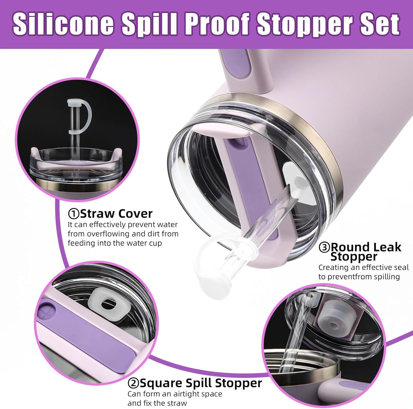 4Sets Silicone Spill Proof Stopper for Stanley 40/30 oz The Quencher H2.0 Flowstate Tumbler with Handle for Stanley Cup Accessories Include Straw Cover Cap Round Leak Stopper Square Spill Stopper