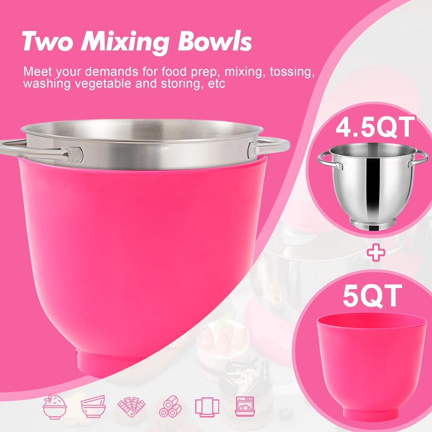Kitchen in the box Stand Mixer, 4.5QT+5QT Two bowls Electric Food Mixer, 10 Speeds 3-IN-1 Kitchen Mixer for Daily Use with Egg Whisk,Dough Hook,Flat Beater (Neon Pink, 5QT)