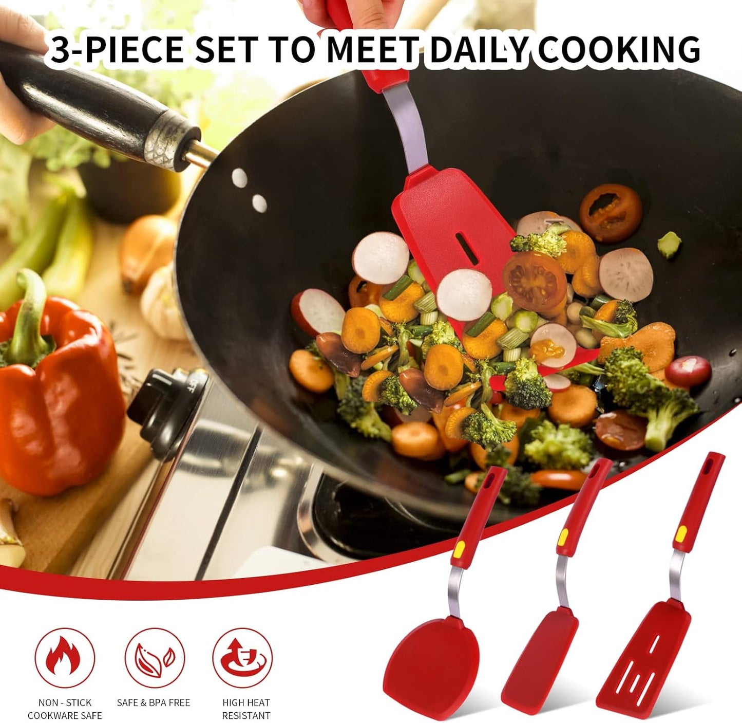 Silicone Spatula Turner Heat Resistant 600°F 3 Piece Set Non Scratch Flexible Slotted and Solid Thin Rubber Spatula Flipper for Cooking Pancake,Egg,Fish,Burger,Steak for Nonstick Cookware,Red