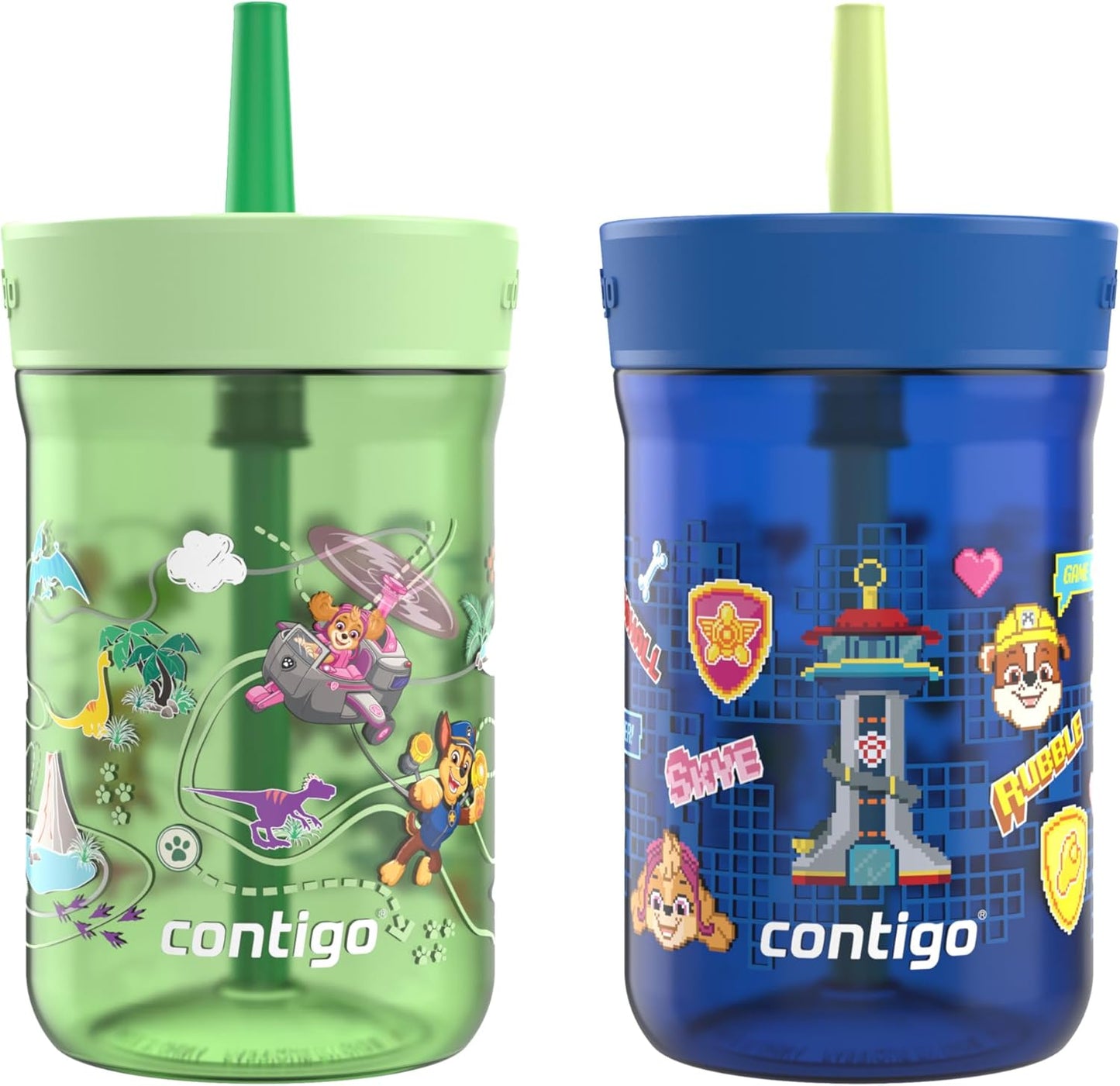 Contigo Kids Leighton Spill-Proof 2-Pack Paw Patrol Tumbler with Straw, 14oz, Power Pups and Dino Treks, Green and Blue