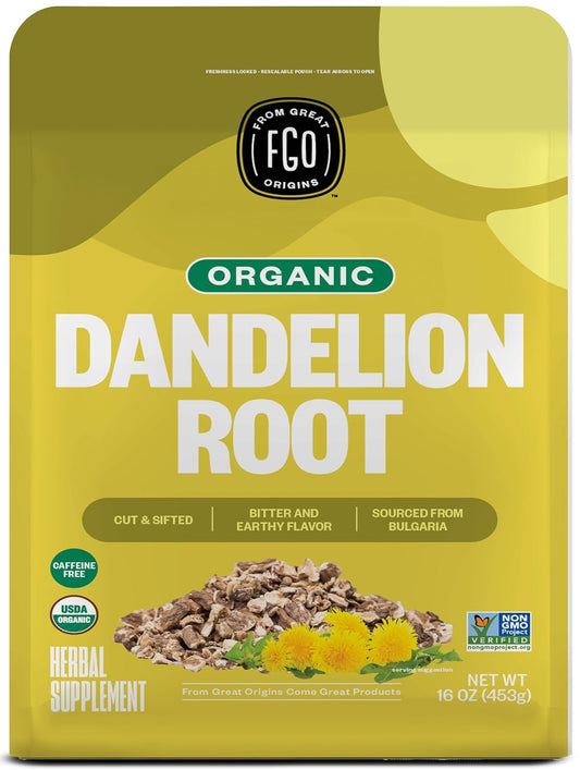 FGO Organic Dandelion Root Loose Tea, Cut and Sifted, Caffeine Free, 16oz Bulk Resealable Bag, Packaging May Vary (Pack of 1)