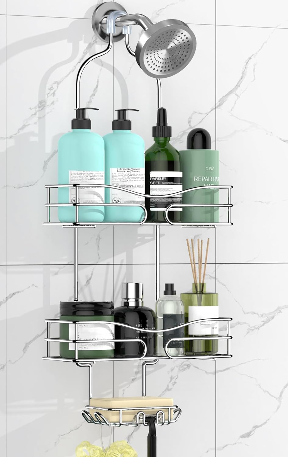Shower Caddy - Organizer with 6 Hooks, Soap Basket & Self-Adhesive Pad, Silver