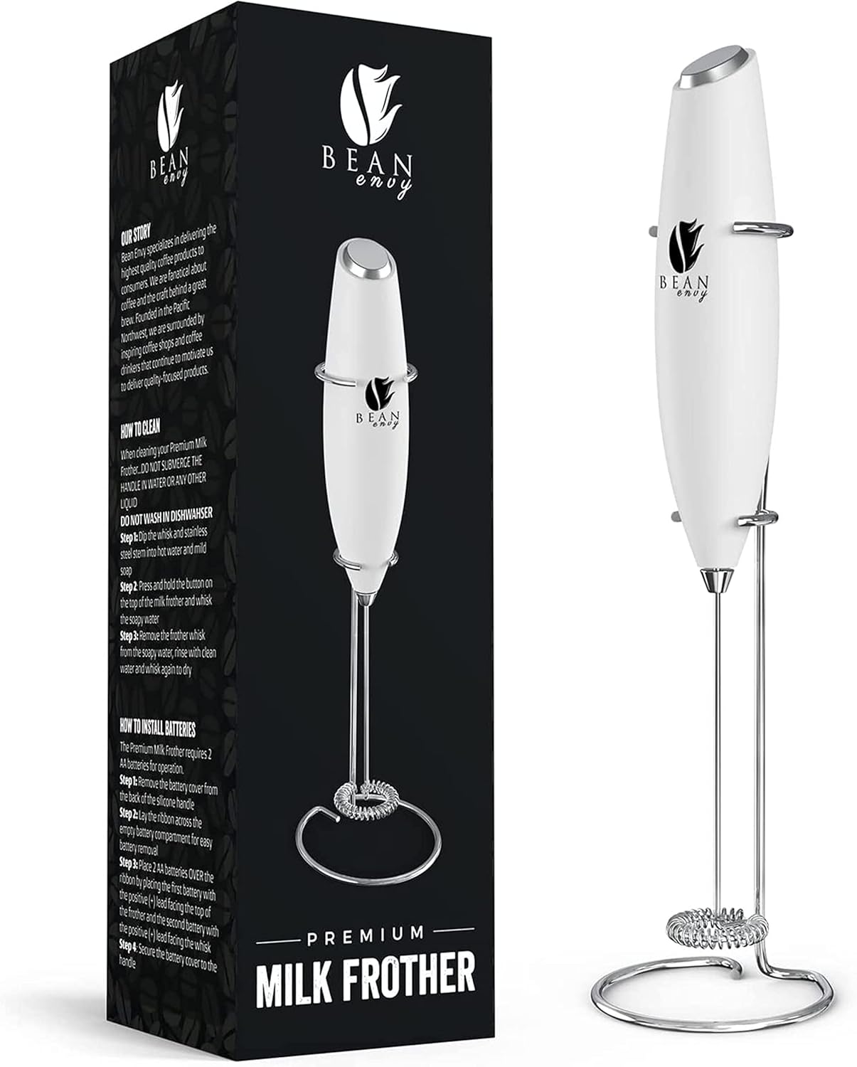 Bean Envy Milk Frother, Coffee Stirrers, Frother Wand, Milk Frother Handheld, Frother with stand, Hand Blender for Coffee, Lattes, Cappuccino, Matcha and Hot Chocolate – Kitchen Gifts - White