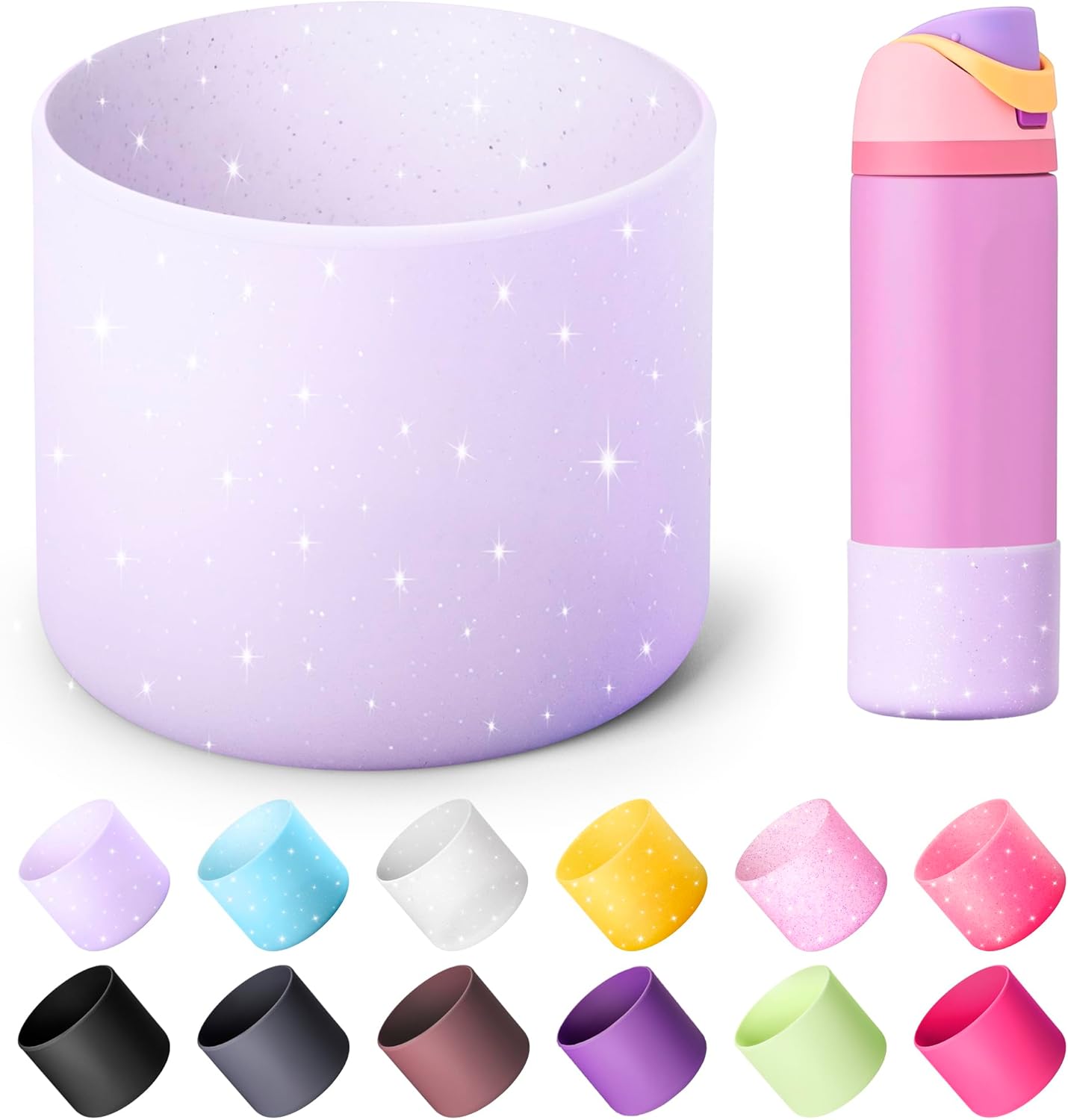 Silicone Water Bottle Boot for Owala 24 oz 32 oz 40 oz, Anti-Slip Protective Sleeve for Owala Twist & FreeSip & Flip Stainless Steel Water Bottle, Boot Bottom Base(Glitter Purple)