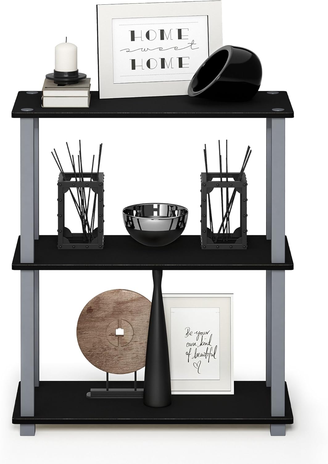 Furinno TURN-S-TUBE Storage Shelves, 3-Tier Book Shelf, Corner Shelf, Toolless Open Shelves, for Organization and Storage, Living Room, Garage, Home Office, Black