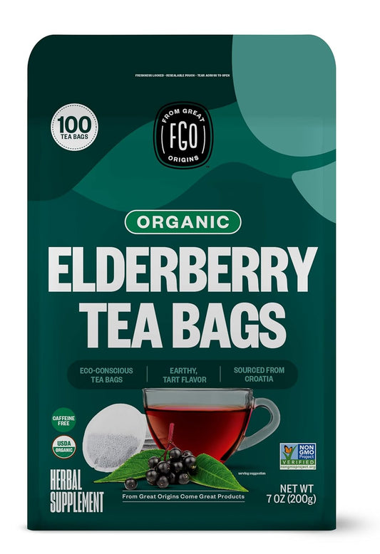 FGO Organic Elderberry Tea, 100 Count, Eco-Conscious Herbal Tea Bags, Resealabel Bag, Caffeine Free, Packaging May Vary (Pack of 1)