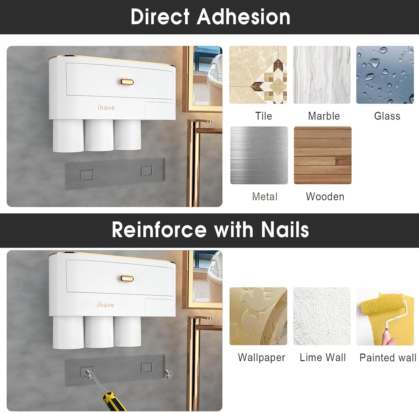 iHave Toothbrush Holders for Bathrooms - Upgrade Wall Mounted Toothbrush Holder with Toothpaste Dispenser - 3 Cups