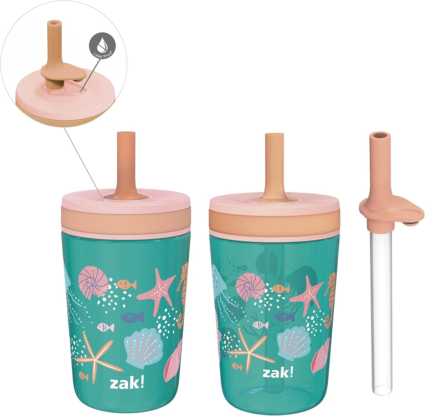 Zak Designs Shells Kelso Tumbler Set, Leak-Proof Screw-On Lid with Straw, Bundle for Kids Includes Plastic and Stainless Steel Cups with Bonus Sipper (3pc Set, Non-BPA) (Pack of 12)