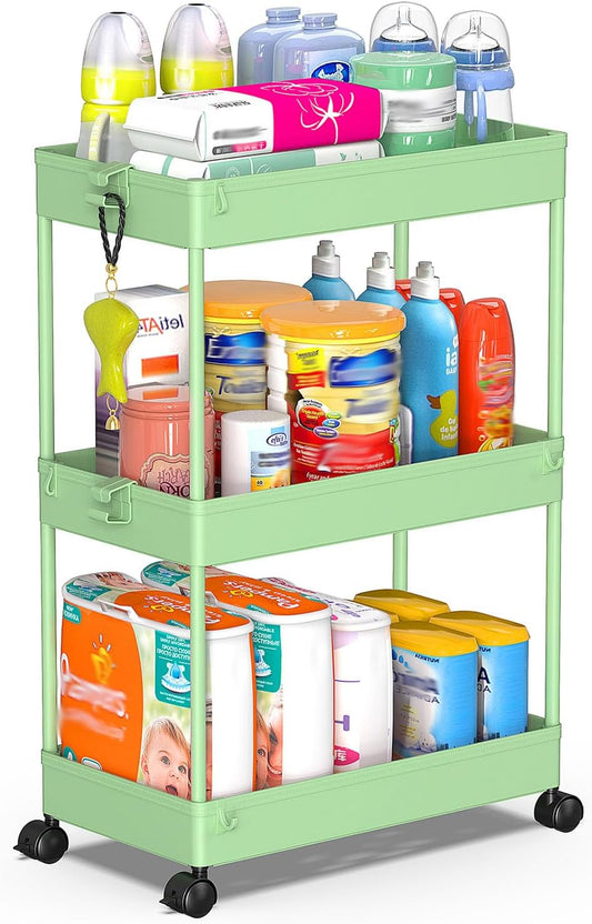 SPACEKEEPER Rolling Storage Cart 3 Tier, Bathroom Cart Organizer Laundry Room Organizer Utility Cart Mobile Shelving Unit Multi-Functional Shelves for Office, Kitchen, Bathroom, Green, SPKSC302GN