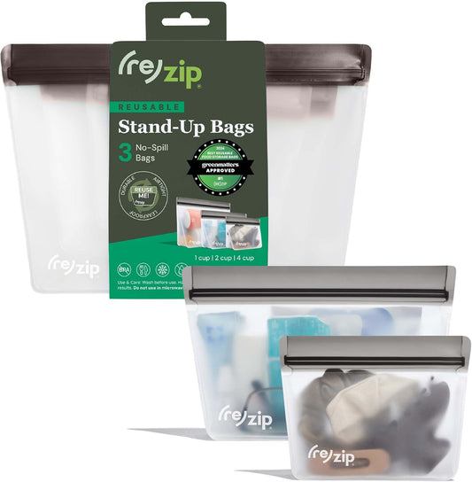(re) zip 3-Piece Stand-Up Reusable Bag Kit | BPA-Free, Food Grade, Leakproof, Travel Friendly, Freezer and Dishwasher Safe | Quart (1), 2-Cup (1), Snack Size (1) | Gray