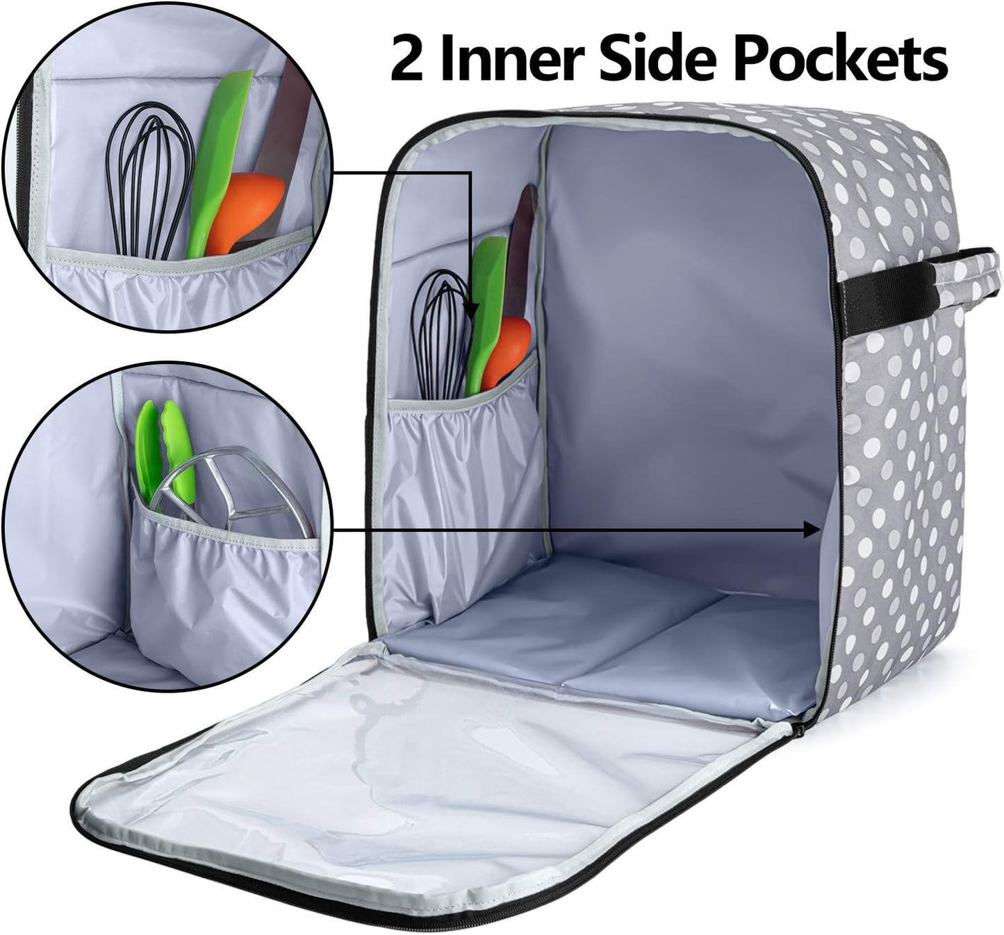 Luxja Dust Cover Compatible with 6-8 Quart KitchenAid Mixers (with a Bottom Padding Pad), Dust Cover (Clear Front Panel) for Stand Mixers and Extra Accessories, Gray Dots(Patented Design)