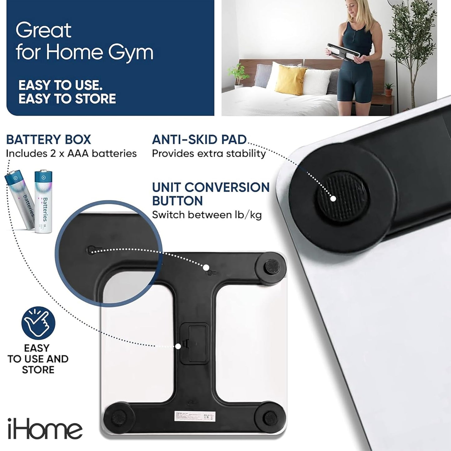 iHome Digital Scale, Bathroom Scale, Batteries Included, Scale Body Weight, Weight Scale, Digital Scale, Bathroom Scales for Weight, Digital Scales for Body Weight (White)