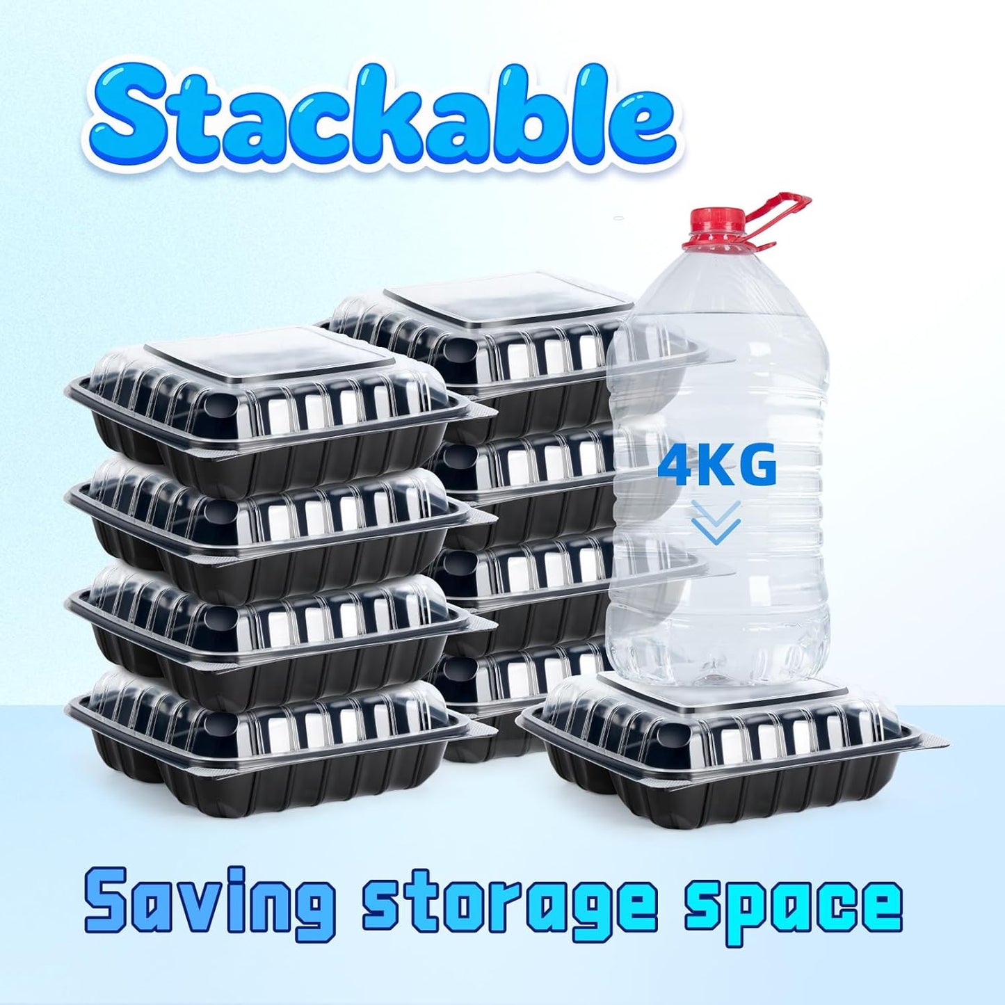 YANGRUI Plastic Containers 8" 34 oz 25 Pack - Reusable Anti Fog Crystal Lid | BPA Free PP Freezer & Microwave Safe Shrink Wrap To Go Box | Black Restaurant Hotel Grade 3 Compartment Takeout Container