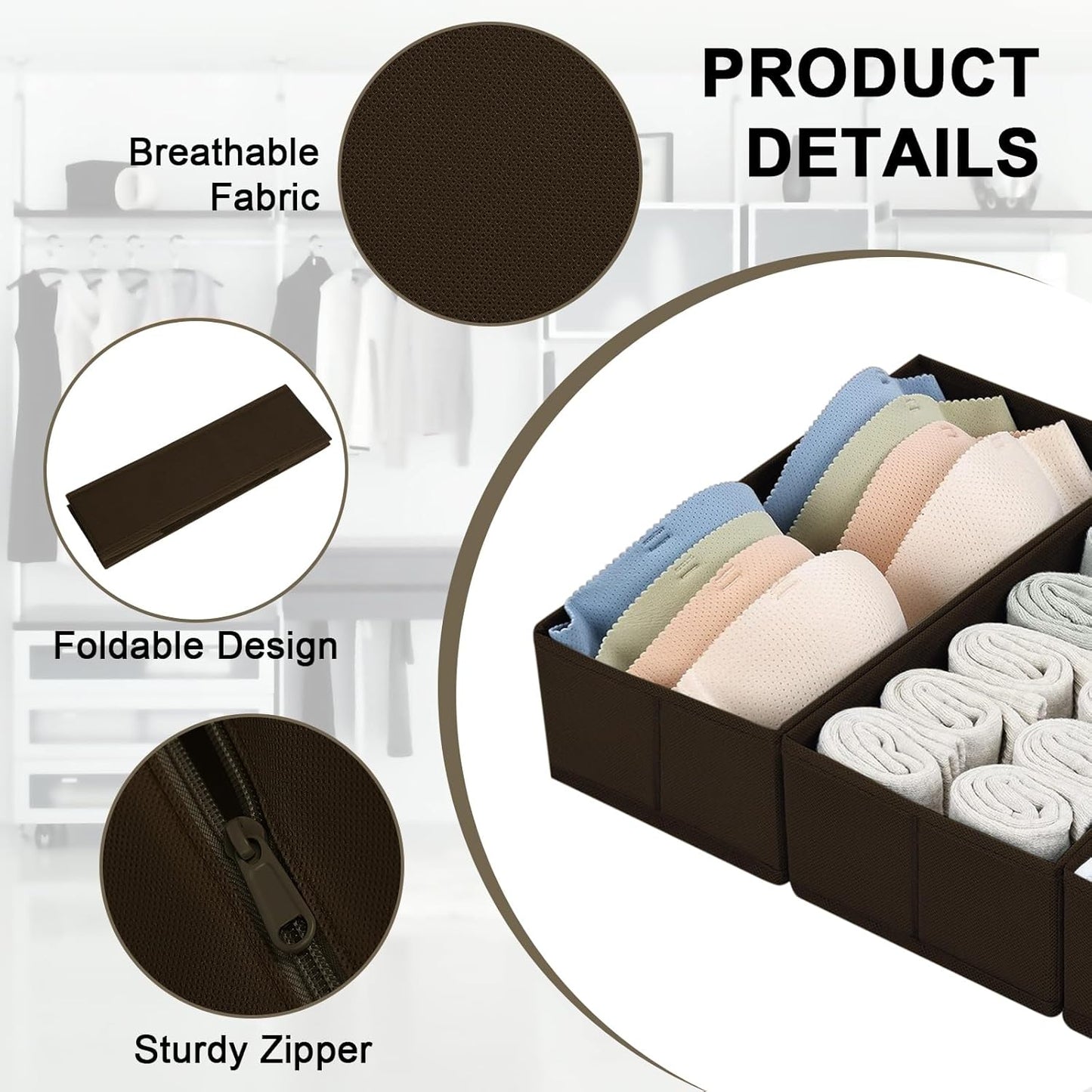 DIMJ Drawer Organizer Clothes, Underwear Drawer Organizer, Set of 4 Foldable Closet Drawer Bins, Fabric Drawer Dividers for Baby Clothes, Socks, Belt, Tie (Brown)