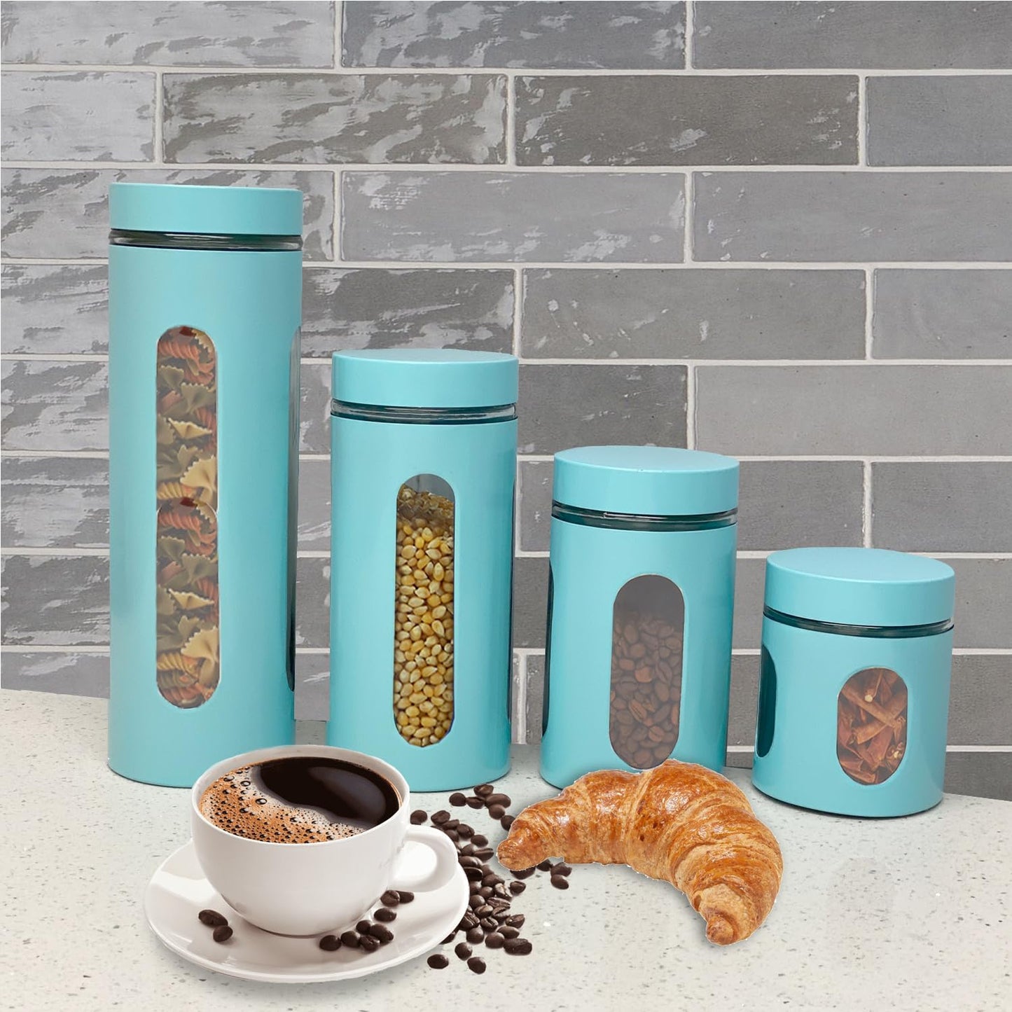 Kitchen Canisters Set For Countertop By Home Basics | Retro-Styled Canisters For Kitchen Counter | Stainless Steel and Glass, See-Through Windows (Turquoise), 4 Pieces