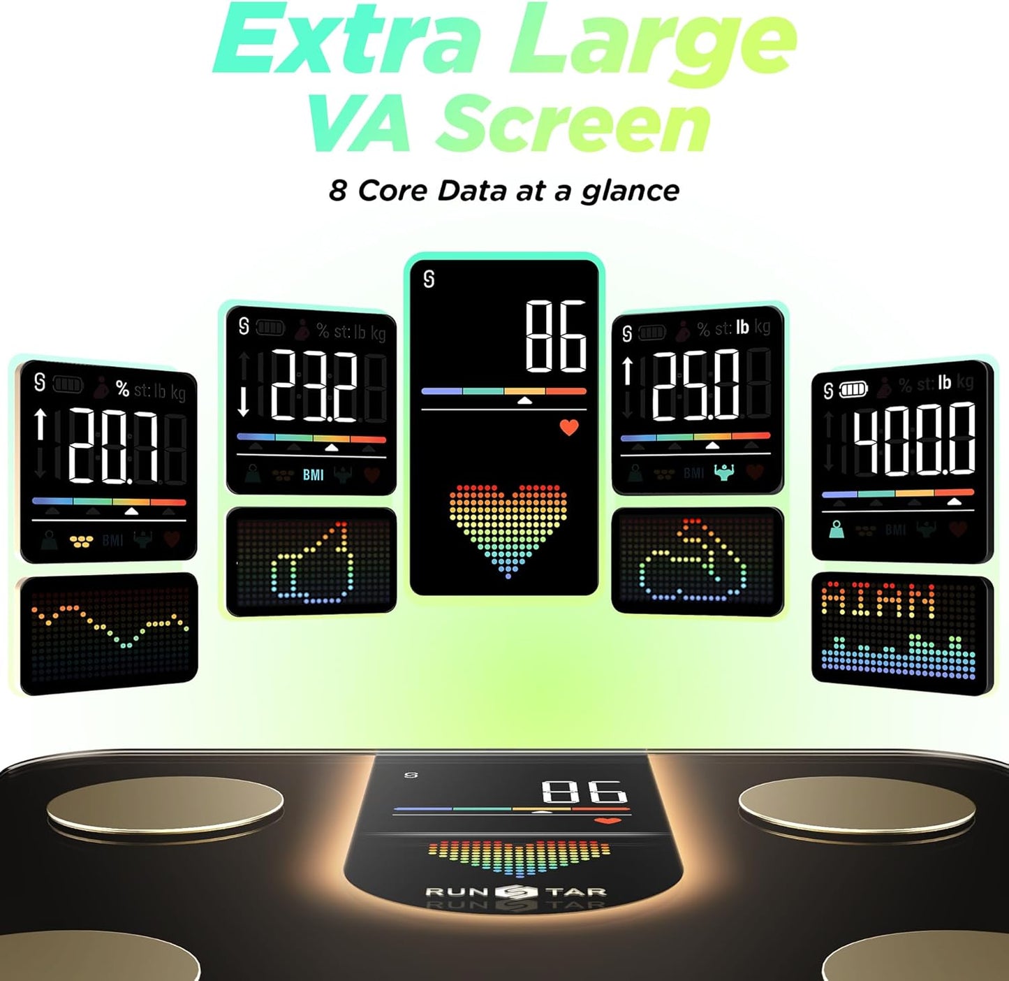 RunStar Scale for Body Weight, Smart Scale with 8-in-1 VA Display, High Precision Bathroom Digital Scale for Body Weight Heart Rate BMI Body Fat 22 Body Composition Sync APP, FSA&HSA Eligible