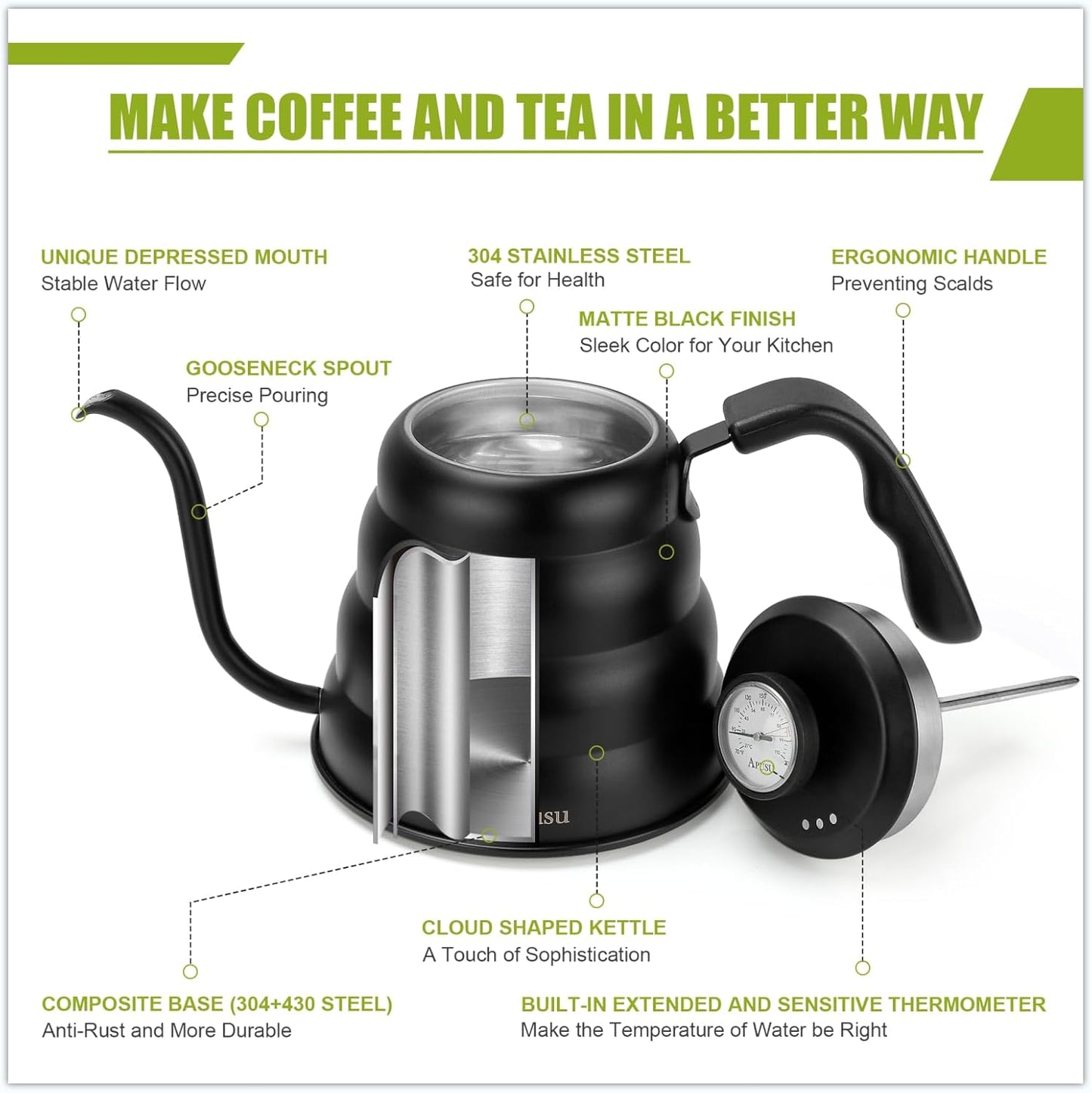 Pour Over Kettle for Manual Drip Coffee and Tea with Thermometer 28oz Gooseneck Kettle with Flow Control Stainless Steel Water Kettle for Stovetop,800ml,4 Cup,Black,1Pack