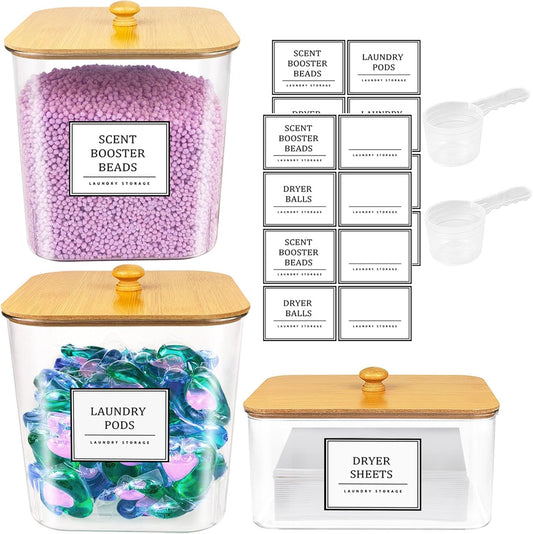 2+1 Pack Laundry Pods Container,Clear Laundry Detergent Powder Storage Containers,Laundry Room Organization Containers with Wooden Lids & Labels,Laundry Pods Holder for Scent Booster,Dryer Ball