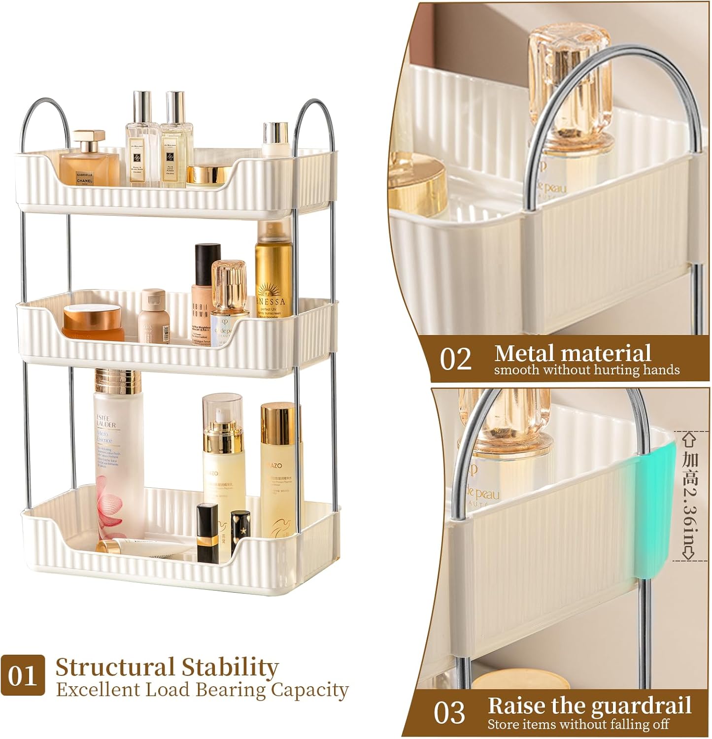 Bathroom Counter Cosmetic Organizer, 3 Tier-Cream White, Alloy Steel & PET Plastic, Rectangular, Tiered, Perfect for Toiletries & Cosmetics