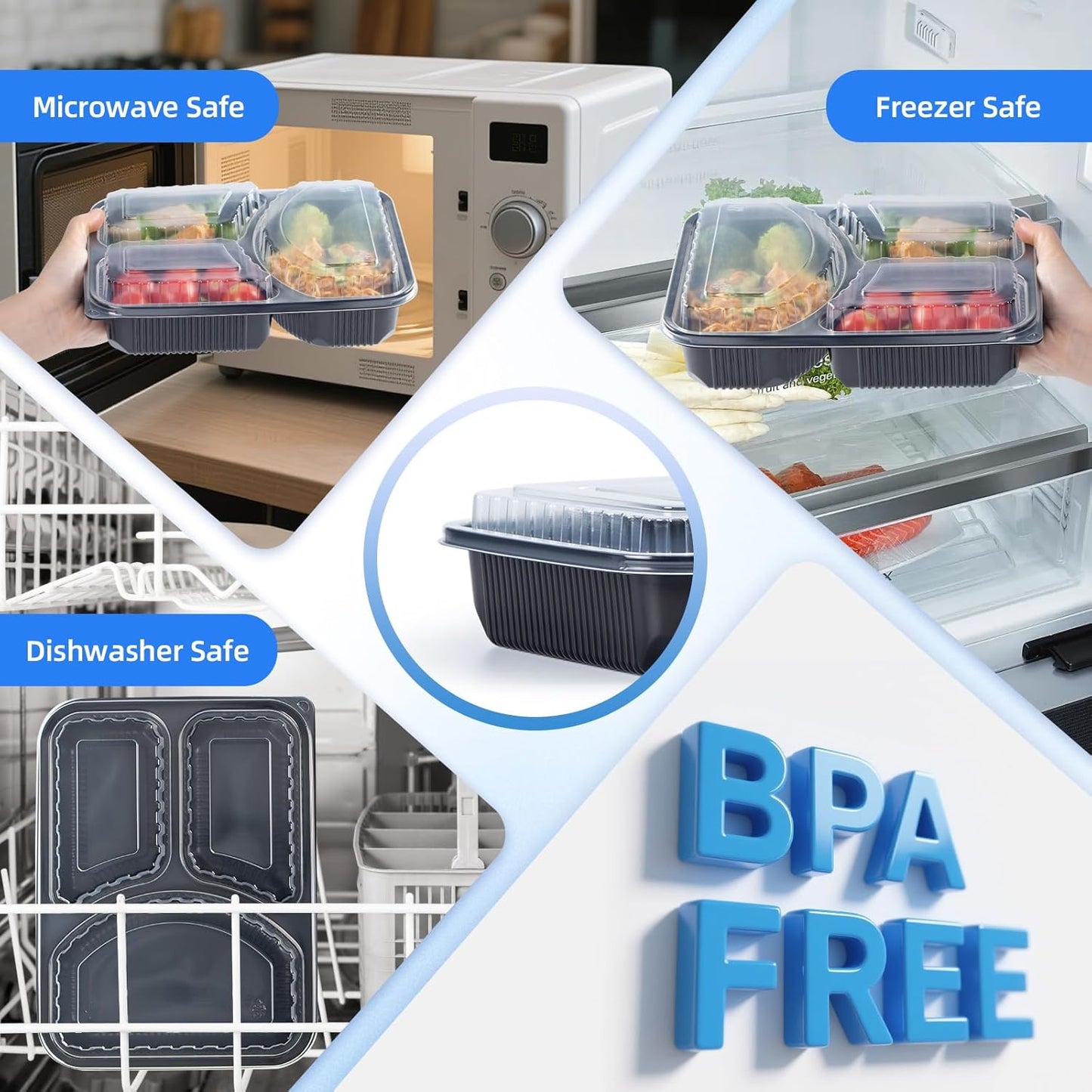 YANGRUI Food Containers Shrink Wrap 40 Pack 38 oz - Leak Proof BPA Free Reusable Flexible Pure PP Plastic Container | Microwave & Dishwasher Safe Meal Prep | Restaurant Grade 3 Compartment Lunch Boxes