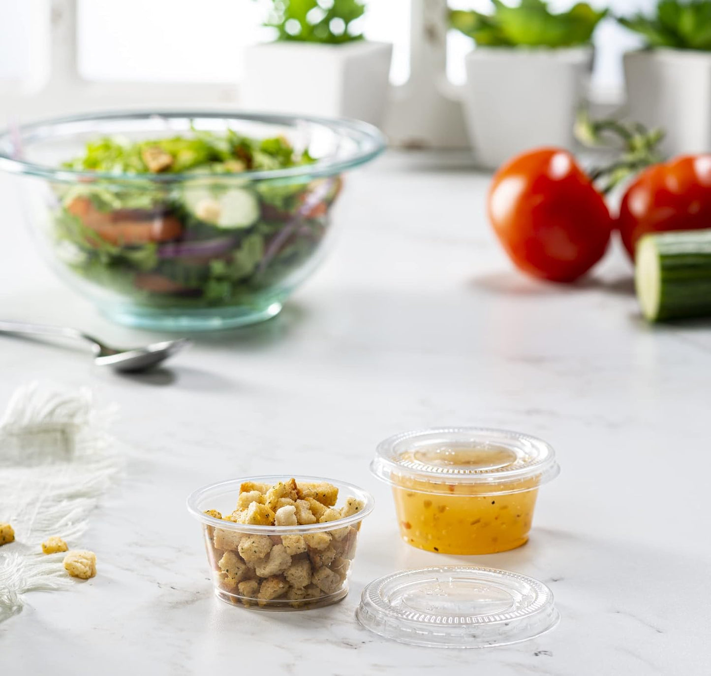 (2 oz - 100 Sets) Clear Diposable Plastic Portion Cups With Lids, Small Mini Containers For Portion Controll, Jello Shots, Meal Prep, Sauce Cups, Slime, Condiments, Medicine, Dressings, Crafts,