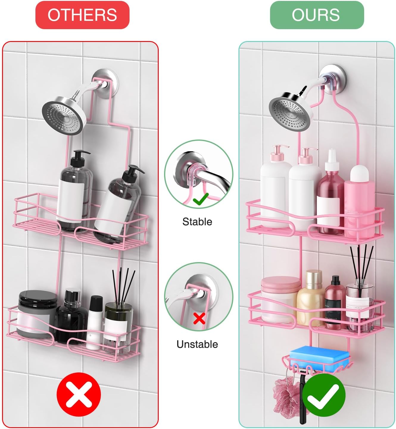 Over the Shower Head Caddy Pink - Shower Caddy Hanging with 3 Soap Holders, Stainless Steel Bathroom Organizer and Storage, Rustproof