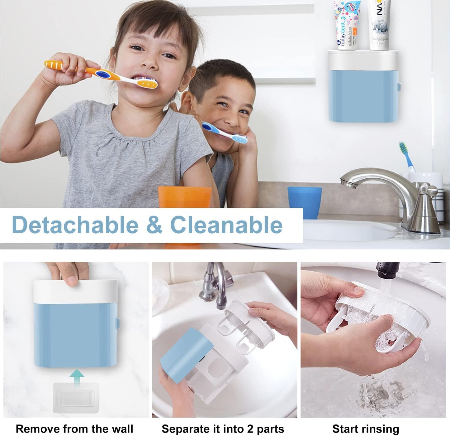 Toothbrush Holder Toothpaste Dispenser Wall Mounted with Cover, 4 Slots Electric Tooth Brush Storage Organizer with 2 Automatic Kids Toothpaste Squeezers for Shower Bathroom Blue, Self Adhesive