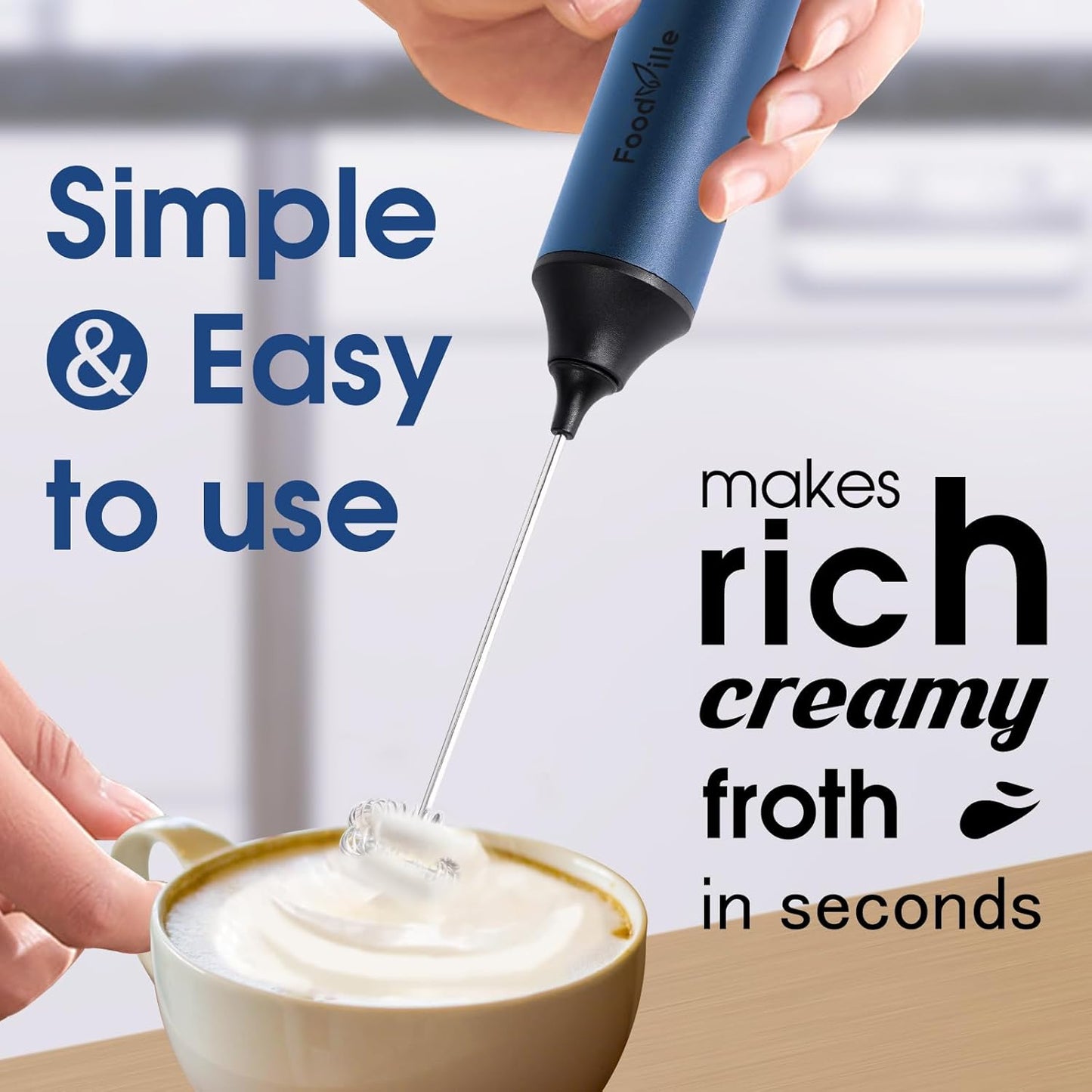MF05 Rechargeable Milk Frother USB Charging Handheld Foam Maker with Stainless Balloon Whisk for Cappuccino, Latte, Bulletproof Coffee, Keto Diet, Protein Powder, Matcha (Navy Blue)