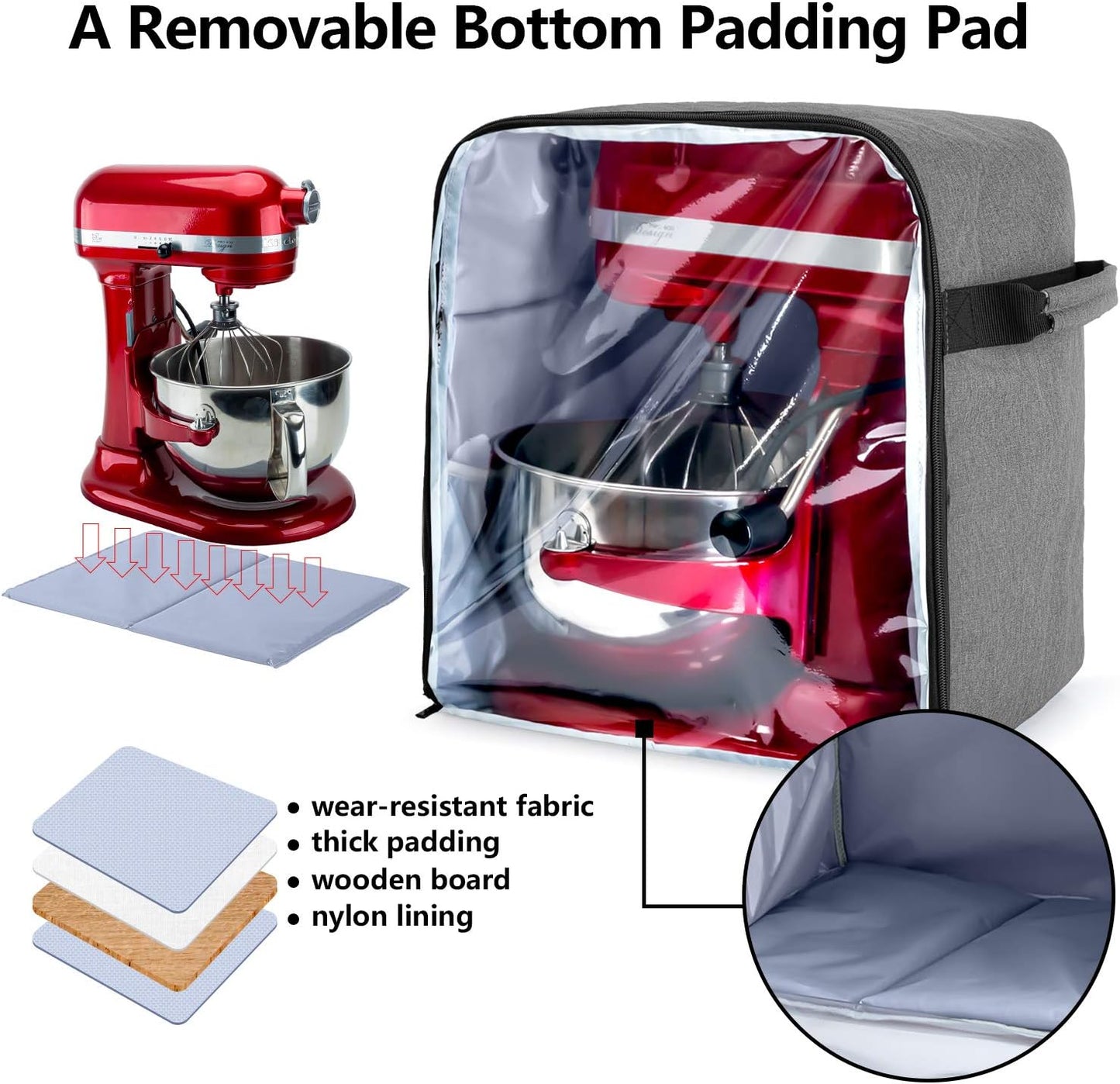 Luxja Dust Cover Compatible with 6-8 Quart KitchenAid Mixers (with a Bottom Padding Pad), Dust Cover (Clear Front Panel) for Stand Mixers and Extra Accessories, Gray (Patented Design)