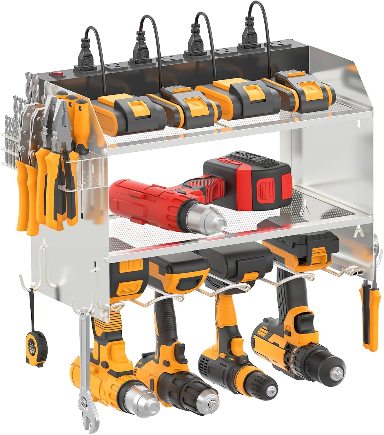 CCCEI Modular Power Tool Organizer Wall Mount with Charging Station. Garage Drill Storage Shelf with Hooks, Heavy Duty Rack, Tool Battery Holder Built in 8 Outlet. Gift for Men. Silver, 1 Pack.