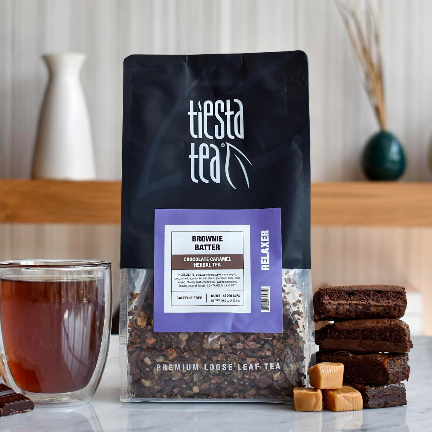 Tiesta Tea - Brownie Batter, Loose Leaf, Chocolate Caramel Herbal Tea, Non-Caffeinated Blend, Make Hot or Iced & Brews Up to 140-200 Cups, 16 oz Resealable Bulk Pouch