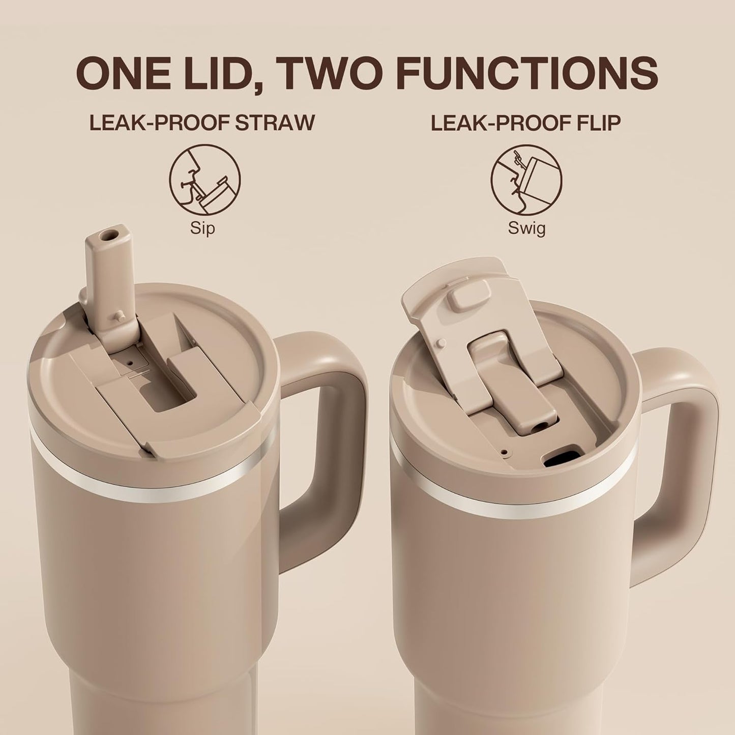 ENCOOL 40 oz Tumbler with Handle and Straw: Stainless Steel Insulated Tumbler Keeps Cold for 24 Hours, Leakproof Travel Cup Fits in Cup Holder and BPA-Free,Raw Umber