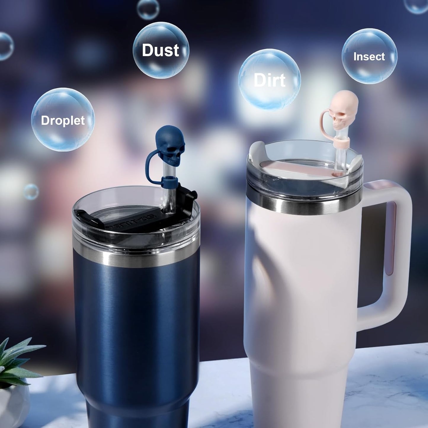 Straw Covers Cap Compatible with Stanley Cup 30 40oz with Handle - 6Pcs 10mm/0.4in Silicone Straws Toppers - Cute Funny Cool Skull Shape Straw Tumbler Accessories for Man & Woman - Reusable&Dust-proof