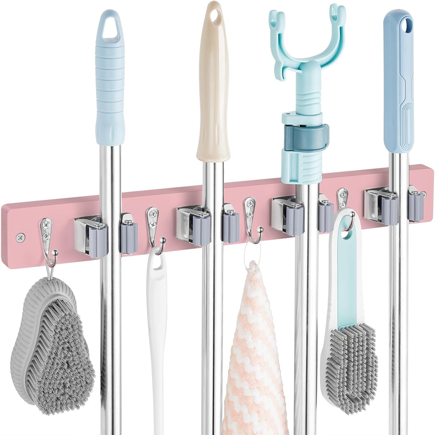 Pink Mop Broom Holder Wall Mount with 4 Slots & 4 Hooks - Wood Broom Mop Hanger for Pantry Closet Laundry Room Kitchen Organization - for Pink Kitchen Decor and Accessories
