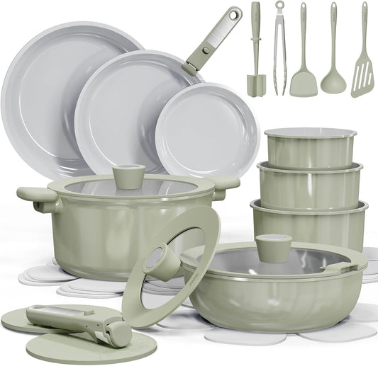 CAROTE 27pcs Ceramic Cookware Set Nonstick, Pots and Pans Set Non stick, Non Toxic Cookware, Dishwasher/Oven Safe, RV/Camping Cookware Set, Pan and Pot with Kitchen Utensils, Green