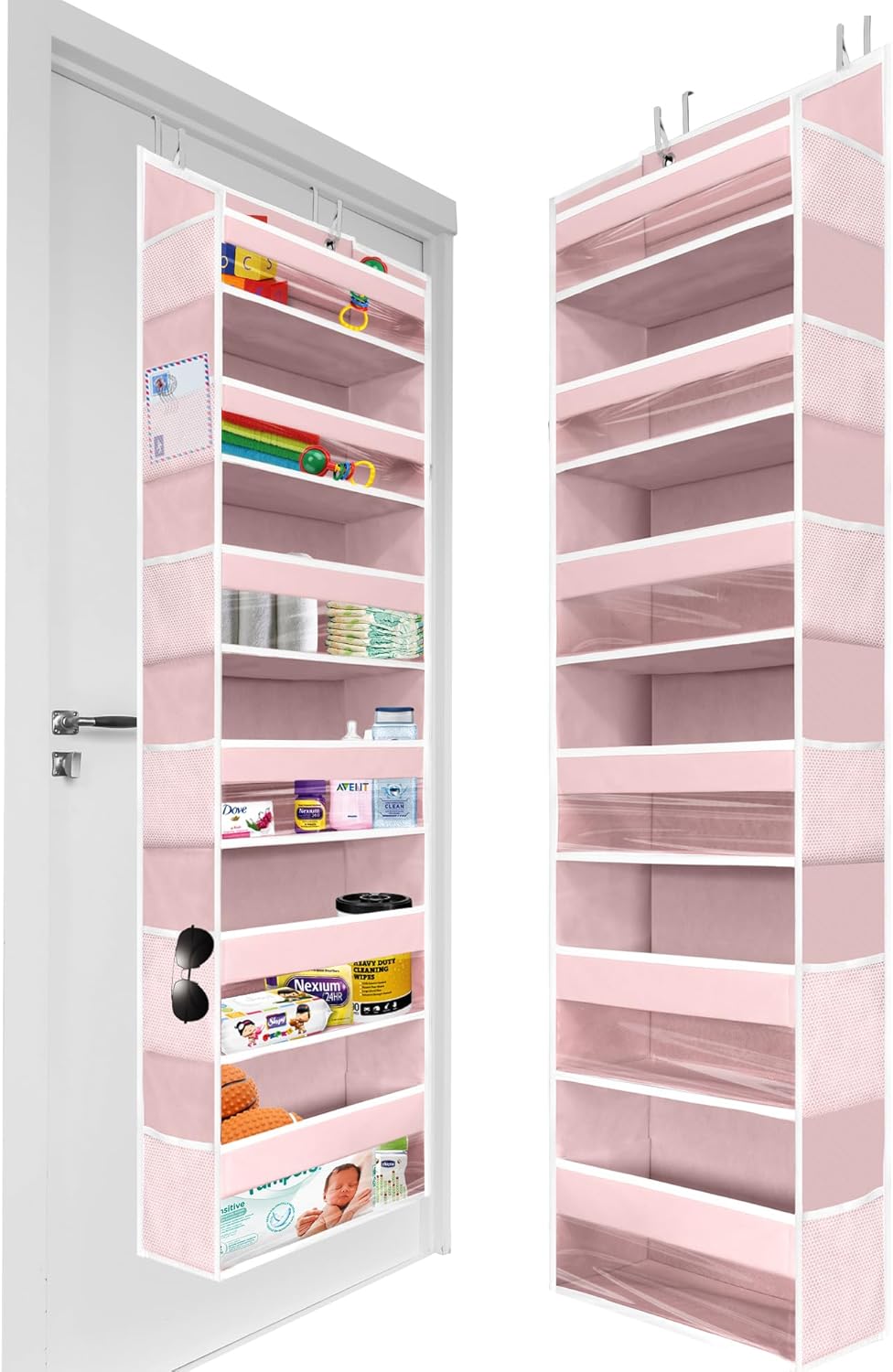 HOMELUX THEORY 1 PC Heavy Duty Over the Door Organizer 55x14x6.7, 6 Large Front & 12 Side Pockets, Hanging Storage Closet Door Organizer for Bedroom, Bathroom and Baby Nursery Storage (Baby Pink)