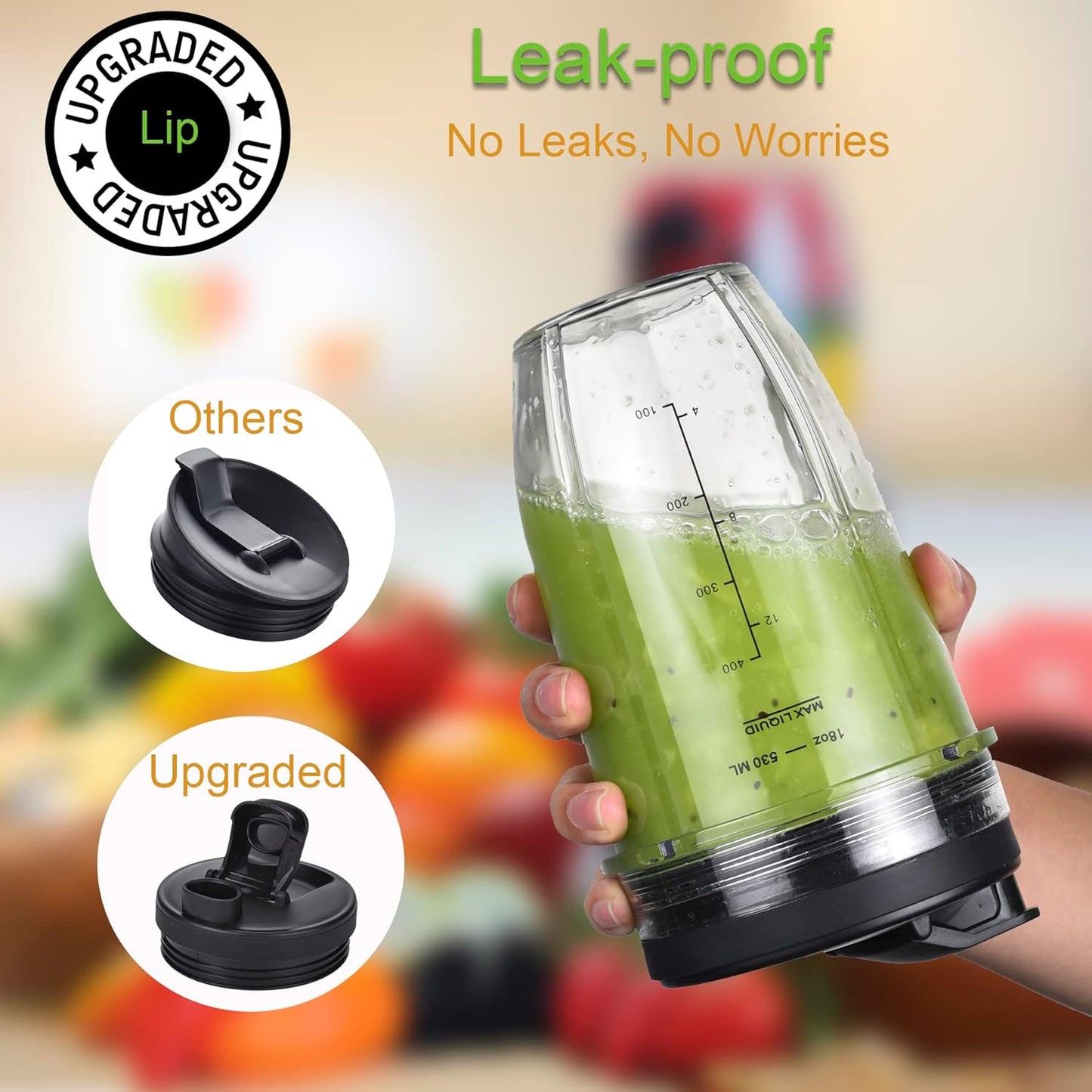[Upgraded] Replacement 18oz Cups for Nutri Ninja Blenders, Blender Replacement Parts with Upgraded Lid For Auto-IQ BL480, BL482, BL490, BL640, BL642, & BL680 Auto IQ Series Blenders., 2 Pack
