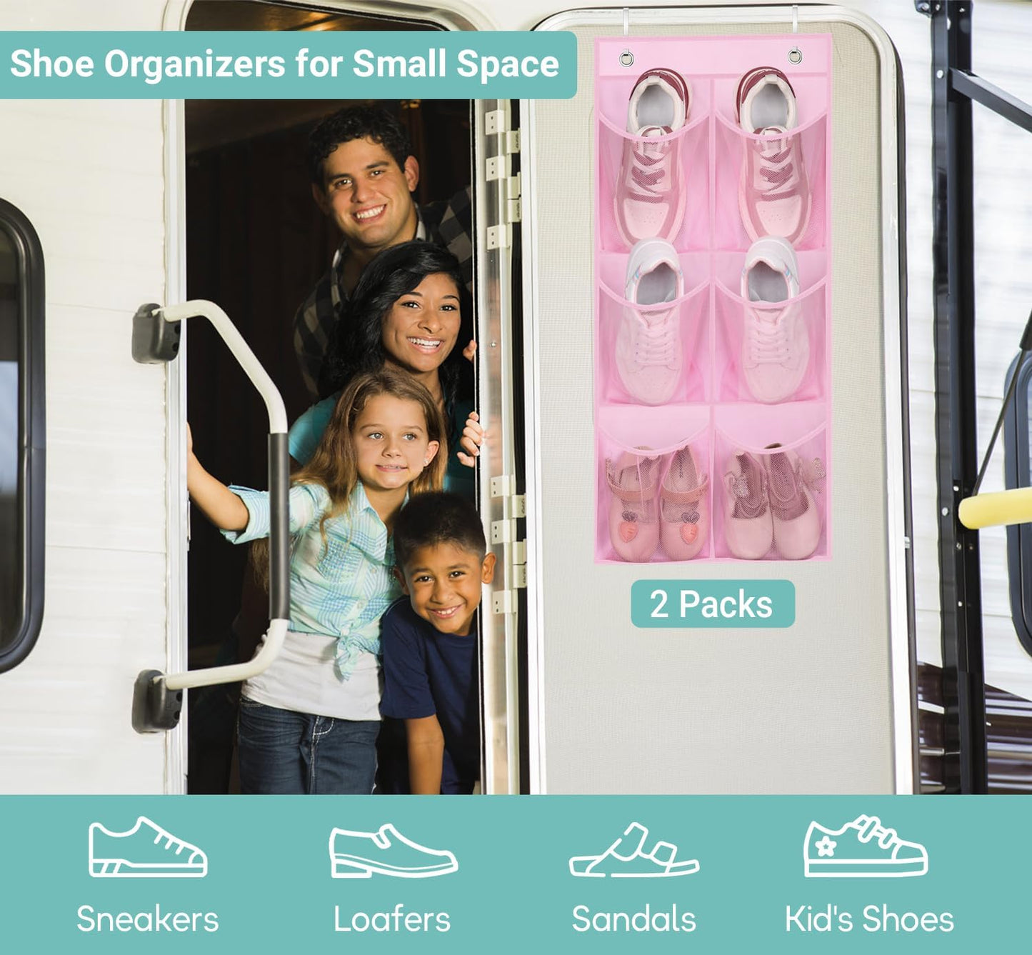 KIMBORA 2 Packs Narrow Kids Over the Door/Wall Shoe Organizer Small Baby Hanging Shoe Rack for Closet with Clear Mesh Pocket Shoe Storage for Toddler Girl Bedroom, Bathroom, RV, Pantry, Camping (Pink)