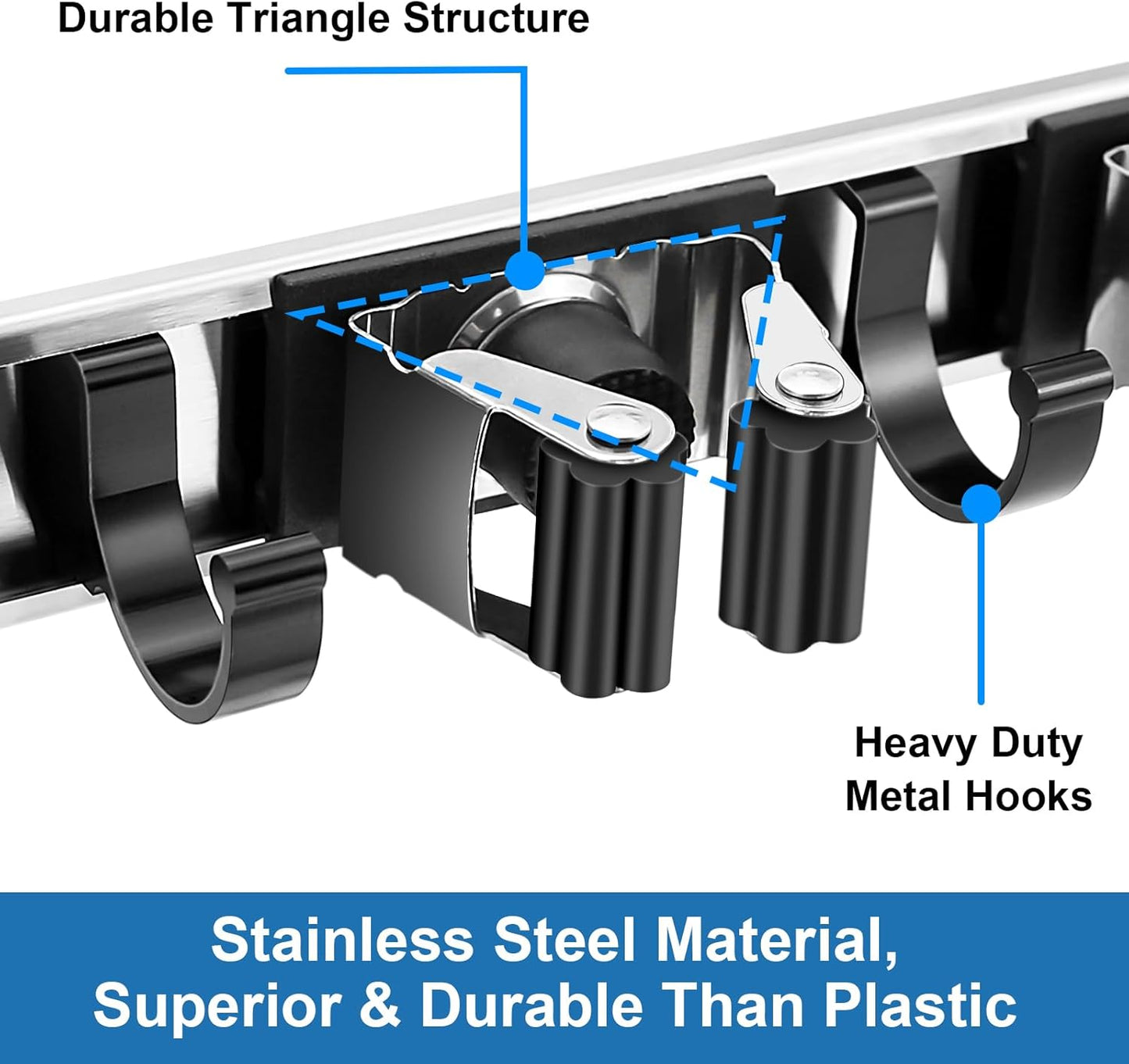 Mop and Broom Holder Wall Mount Metal Heavy Duty Utility Hooks Broom Organizer Garage Storage Systems Tool Racks for Home Laundry Garden Kitchen Organization (Black, 1 Pack 4R5H)