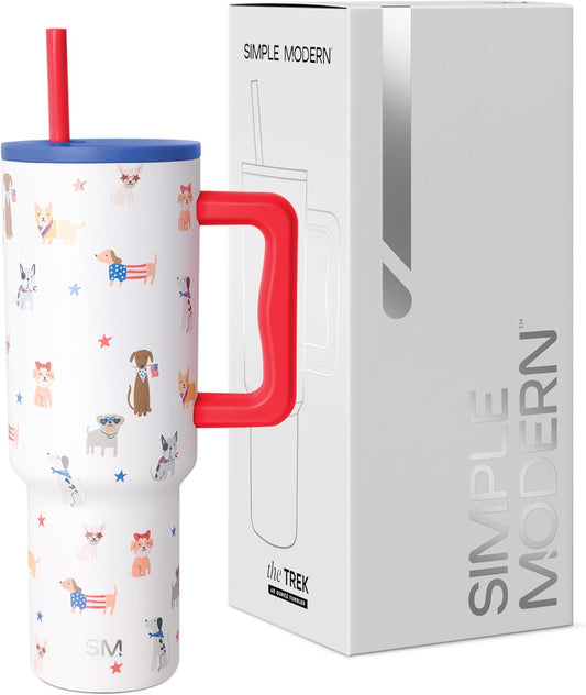 Simple Modern 4th of July 40 oz Trek Tumbler with Handle and Straw Lid | Cup Holder Friendly Insulated Stainless Steel Travel Mug | Patriotic Pets