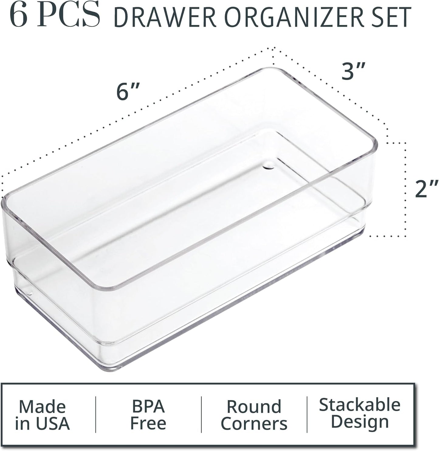 STORi SimpleSort 6-Piece Stackable Clear Drawer Organizer Set | 6" x 3" x 2" Rectangle Trays | Small Makeup Vanity Storage Bins and Office Desk Drawer Dividers | Made in USA